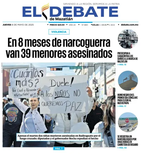 Portada de El Debate de Mazatlan del jueves, 8 de mayo de 2025