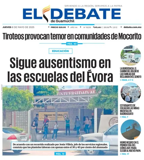 Portada de El Debate de Guamuchil del jueves, 8 de mayo de 2025