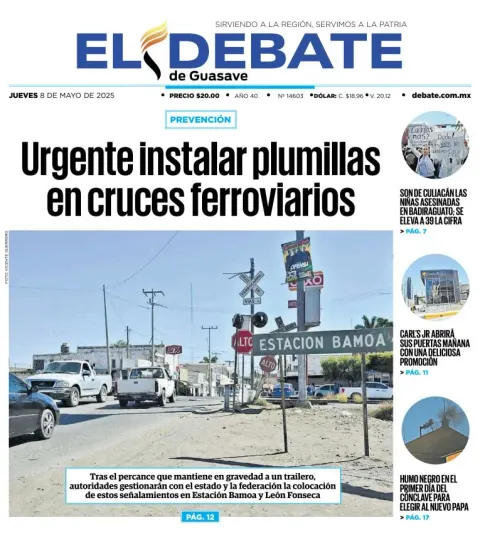 Portada de El Debate de Guasave del jueves, 8 de mayo de 2025