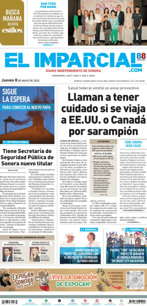 Portada de El Imparcial del jueves, 8 de mayo de 2025