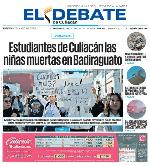 Portada de El Debate de Culiacan del jueves, 8 de mayo de 2025