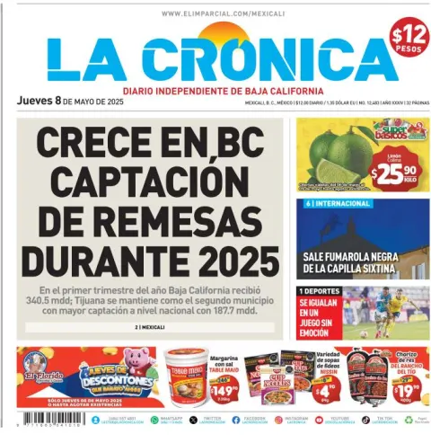 Portada de La Cronica del jueves, 8 de mayo de 2025