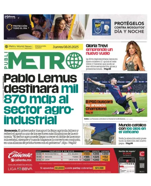 Portada de Publimetro Guadalajara del jueves, 8 de mayo de 2025