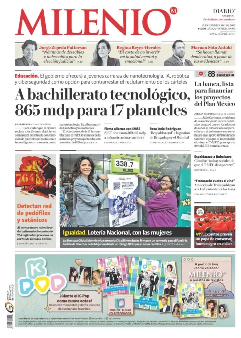Portada de Milenio del jueves, 8 de mayo de 2025