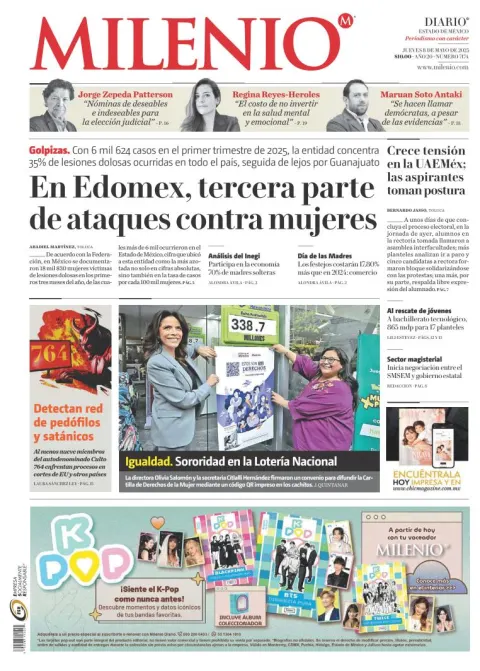 Portada de Milenio Edo de Mexico del jueves, 8 de mayo de 2025