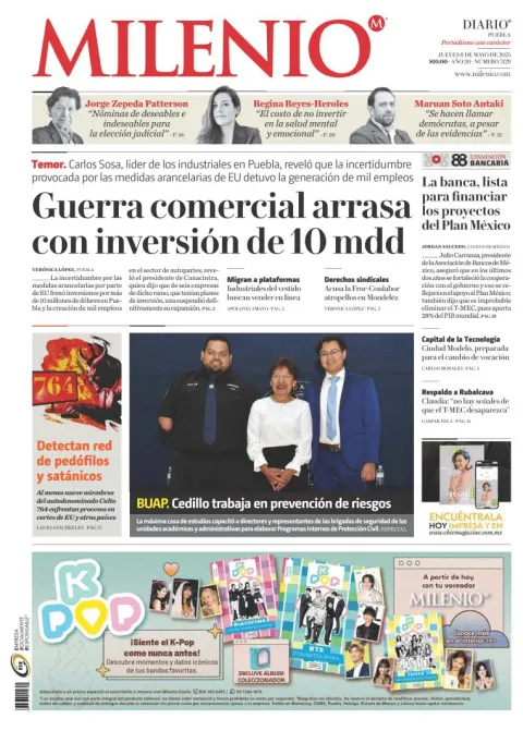 Portada de Milenio Puebla del jueves, 8 de mayo de 2025