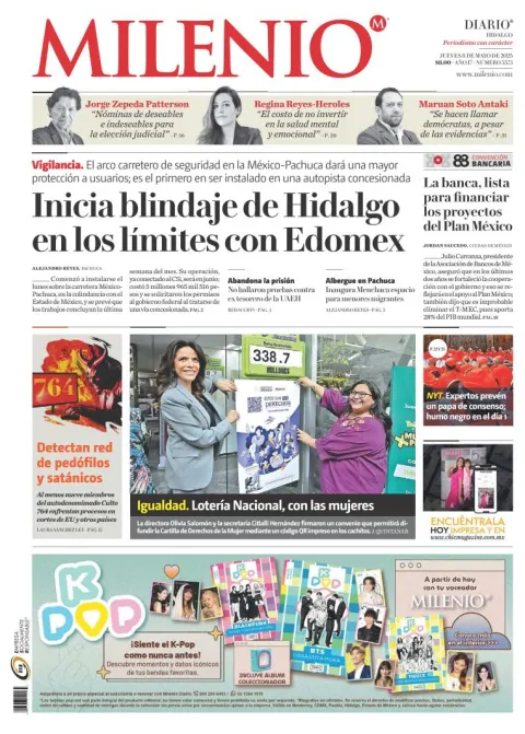 Portada de Milenio Hidalgo del jueves, 8 de mayo de 2025