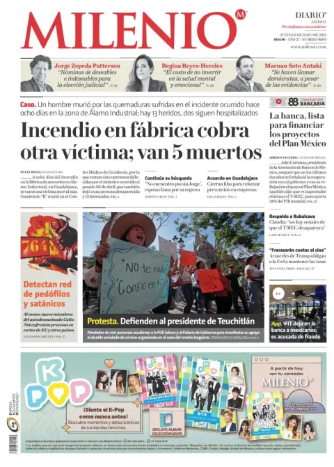 Portada de Milenio Jalisco del jueves, 8 de mayo de 2025