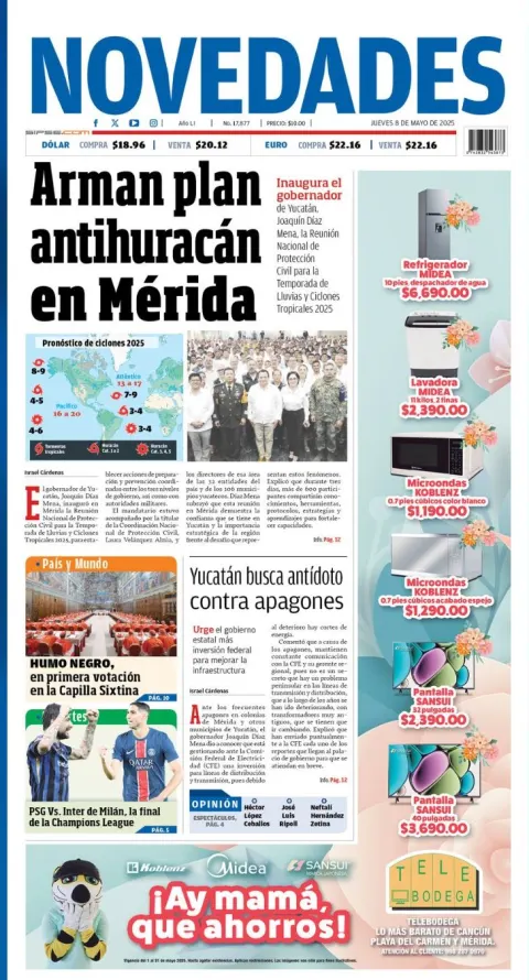 Portada de Novedades Quintana Roo del jueves, 8 de mayo de 2025
