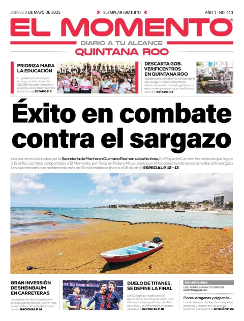 Portada de El Momento Quintana Roo del jueves, 8 de mayo de 2025