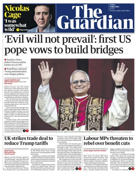 Portada de The Guardian (reino Unido) del viernes, 9 de mayo de 2025