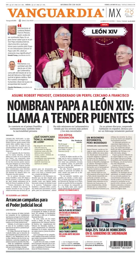 Portada de Vanguardia del viernes, 9 de mayo de 2025