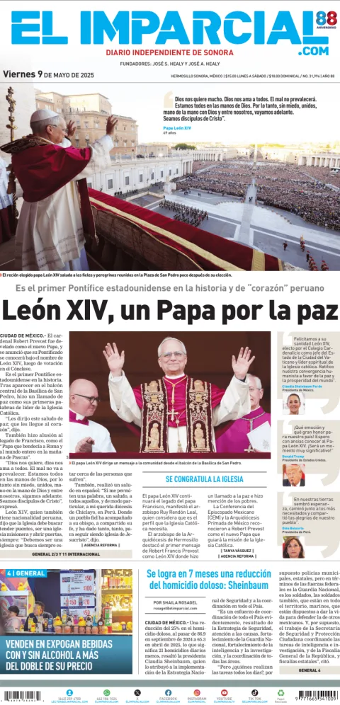 Portada de El Imparcial del viernes, 9 de mayo de 2025