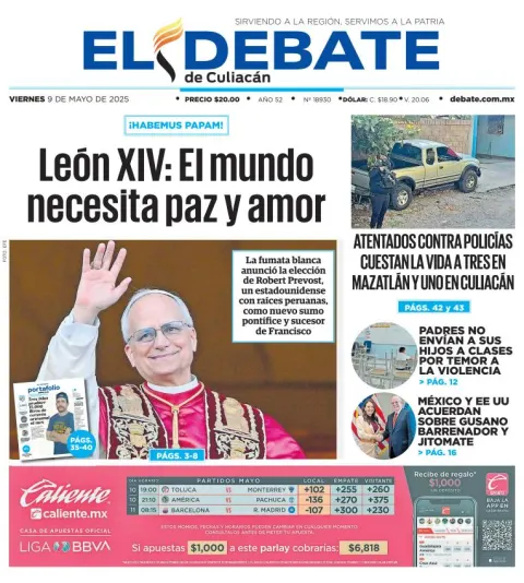Portada de El Debate de Culiacan del viernes, 9 de mayo de 2025