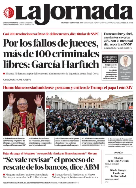 Portada de La Jornada del viernes, 9 de mayo de 2025