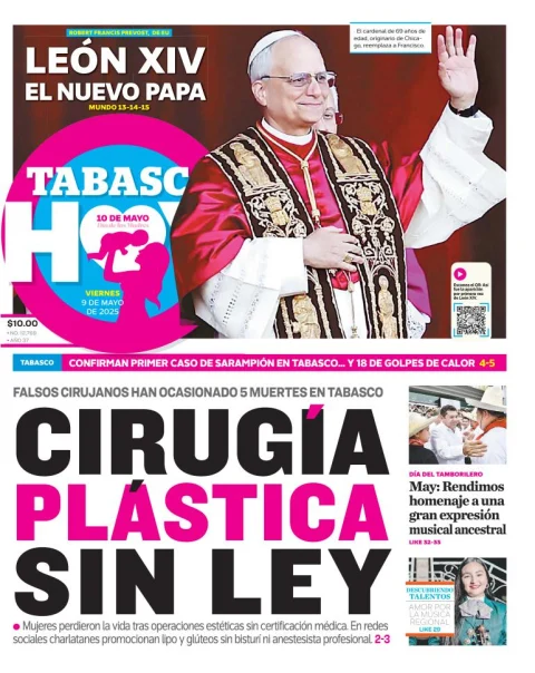 Portada de Tabasco Hoy del viernes, 9 de mayo de 2025