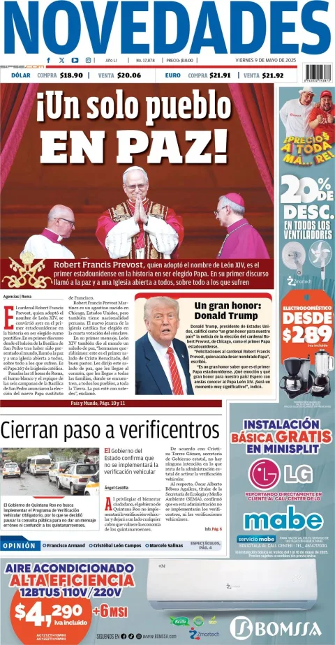 Portada de Novedades Quintana Roo del viernes, 9 de mayo de 2025