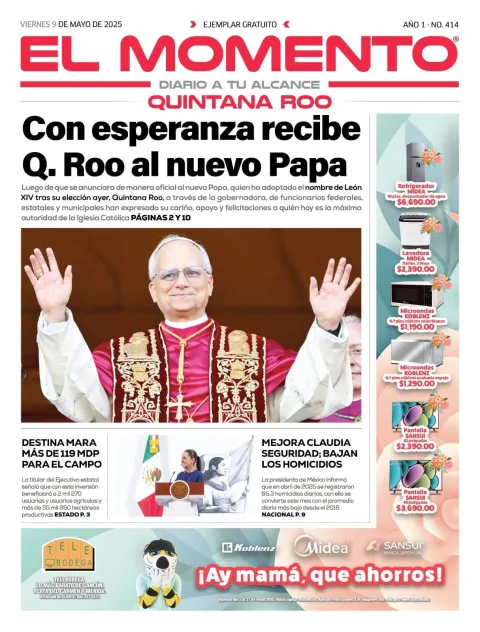 Portada de El Momento Quintana Roo del viernes, 9 de mayo de 2025