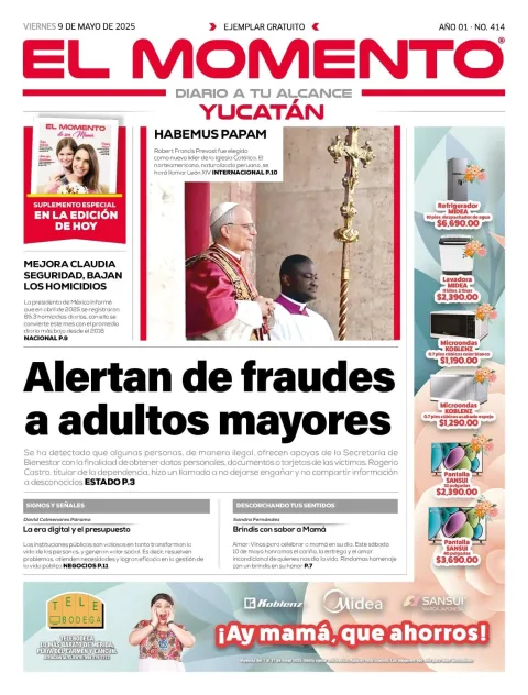Portada de El Momento Yucatan del viernes, 9 de mayo de 2025
