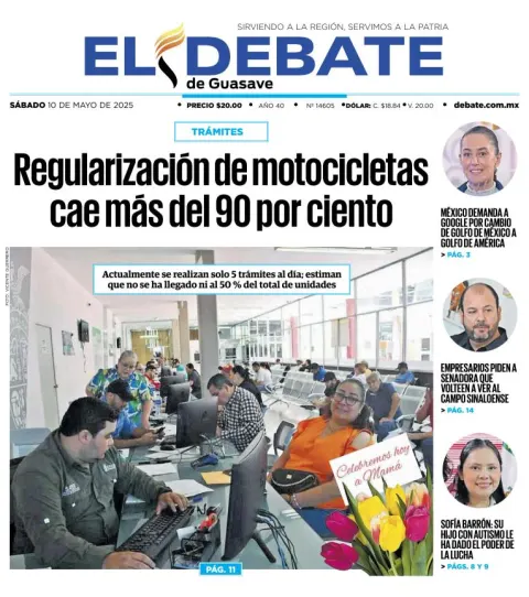 Portada de El Debate de Guasave del sábado, 10 de mayo de 2025
