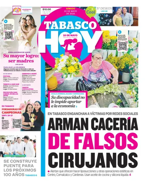 Portada de Tabasco Hoy del sábado, 10 de mayo de 2025