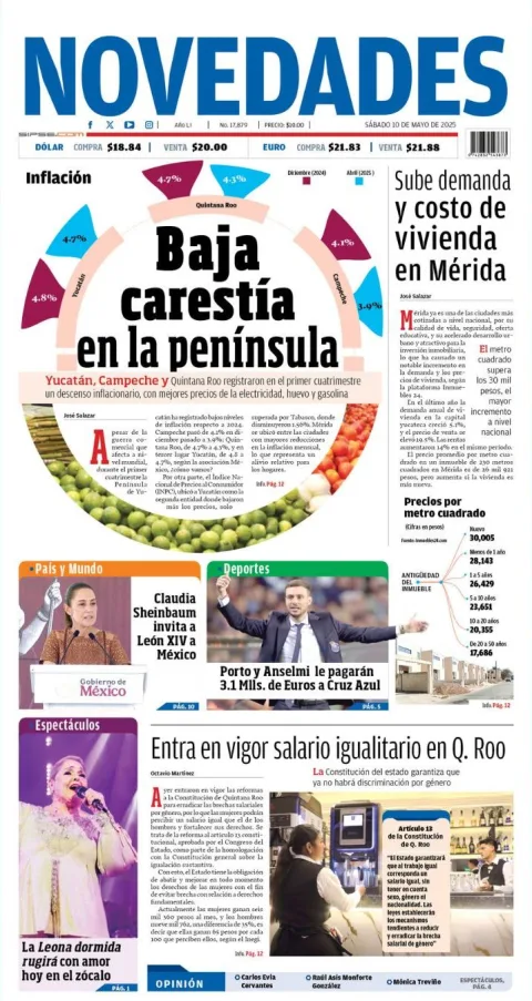 Portada de Novedades Quintana Roo del sábado, 10 de mayo de 2025