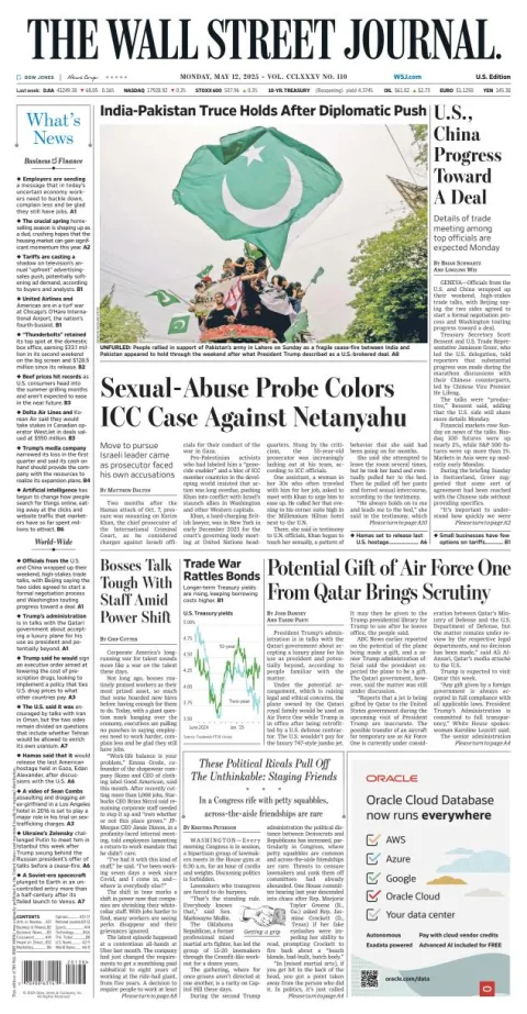 Portada de The Wall Street Journal del lunes, 12 de mayo de 2025