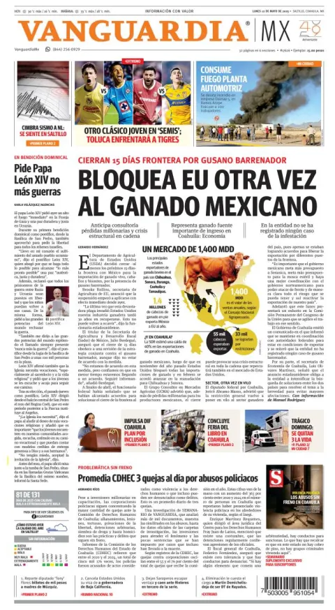 Portada de Vanguardia del lunes, 12 de mayo de 2025