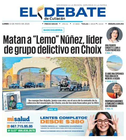 Portada de El Debate de Culiacan del lunes, 12 de mayo de 2025