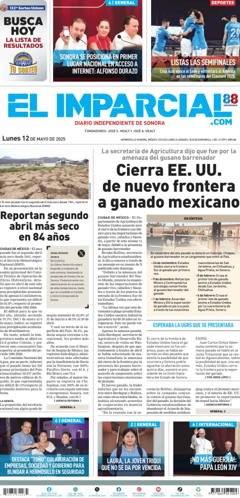 Portada de El Imparcial del lunes, 12 de mayo de 2025