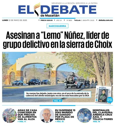 Portada de El Debate de Mazatlan del lunes, 12 de mayo de 2025
