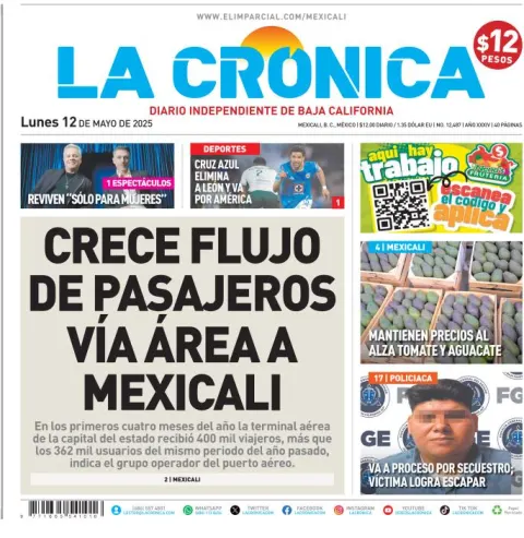 Portada de La Cronica del lunes, 12 de mayo de 2025