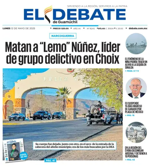 Portada de El Debate de Guamuchil del lunes, 12 de mayo de 2025