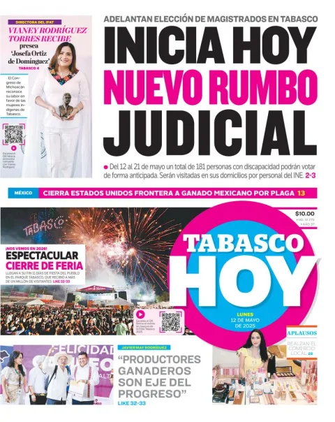 Portada de Tabasco Hoy del lunes, 12 de mayo de 2025