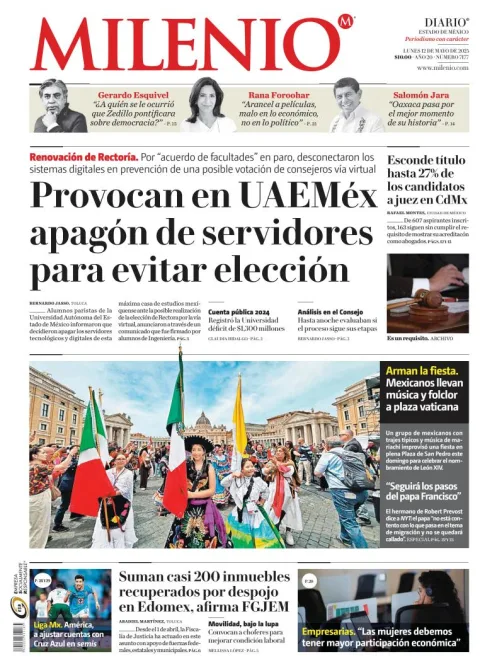 Portada de Milenio Edo de Mexico del lunes, 12 de mayo de 2025