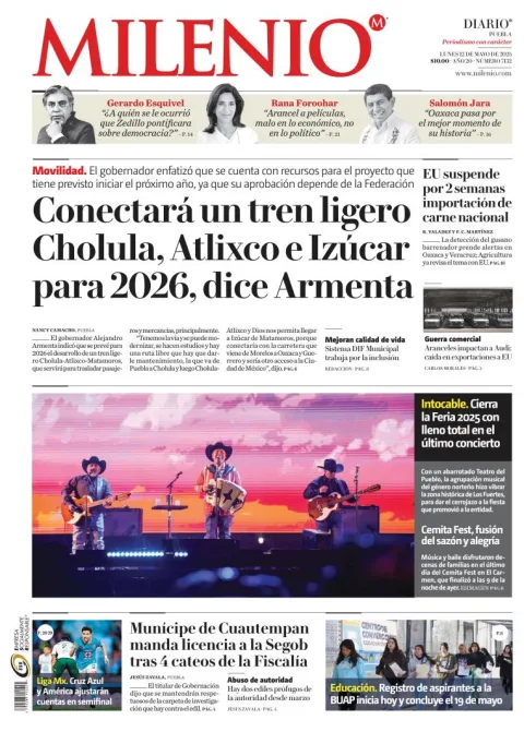 Portada de Milenio Puebla del lunes, 12 de mayo de 2025