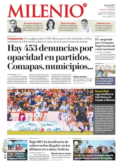 Portada de Milenio Tamaulipas del lunes, 12 de mayo de 2025