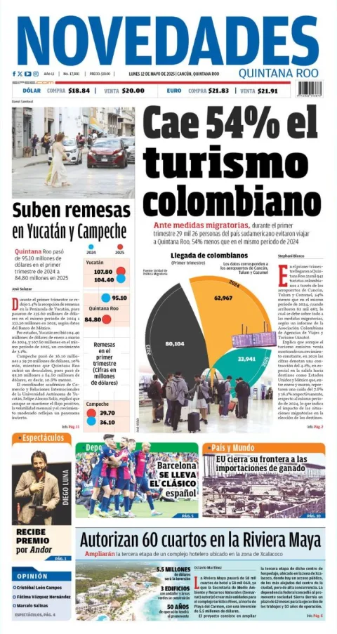 Portada de Novedades Quintana Roo del lunes, 12 de mayo de 2025