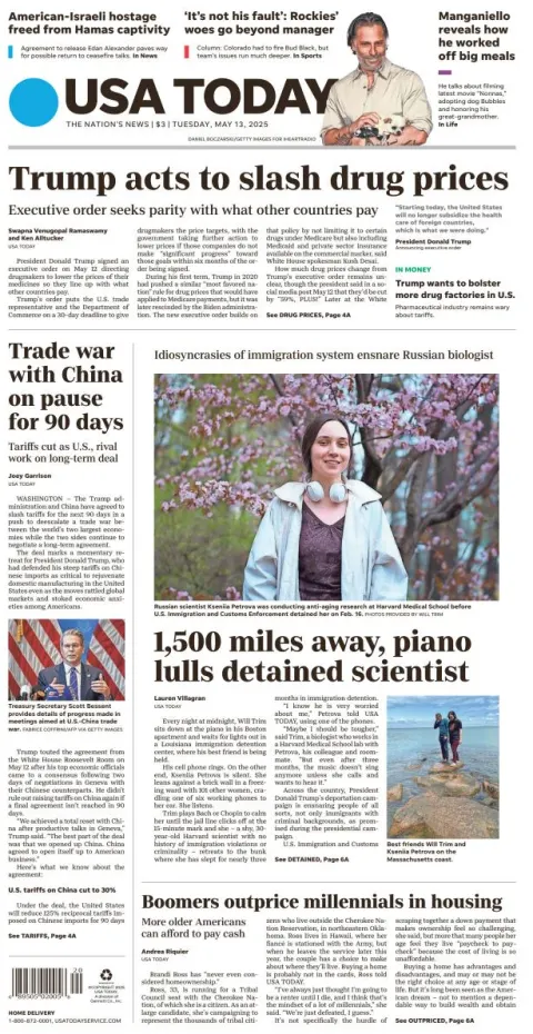 Portada de Usa Today del martes, 13 de mayo de 2025