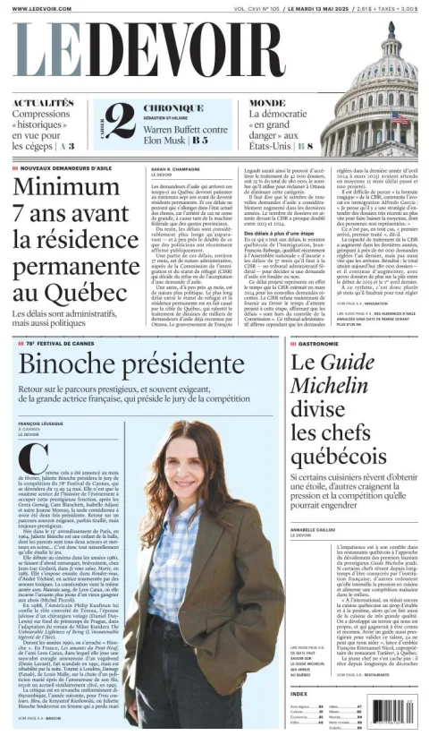 Portada de Le Devoir del martes, 13 de mayo de 2025