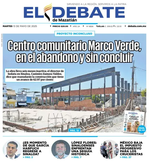 Portada de El Debate de Mazatlan del martes, 13 de mayo de 2025