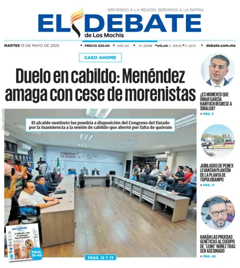 Portada de El Debate de los Mochis del martes, 13 de mayo de 2025