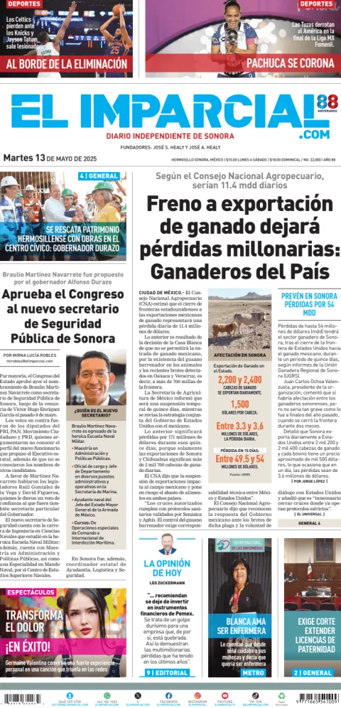 Portada de El Imparcial del martes, 13 de mayo de 2025