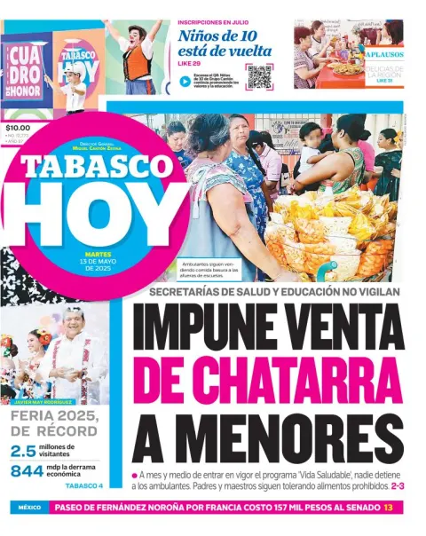 Portada de Tabasco Hoy del martes, 13 de mayo de 2025