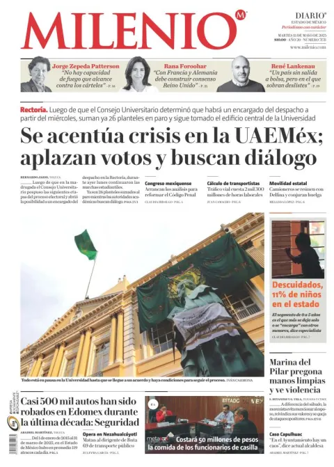 Portada de Milenio Edo de Mexico del martes, 13 de mayo de 2025