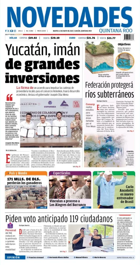 Portada de Novedades Quintana Roo del martes, 13 de mayo de 2025