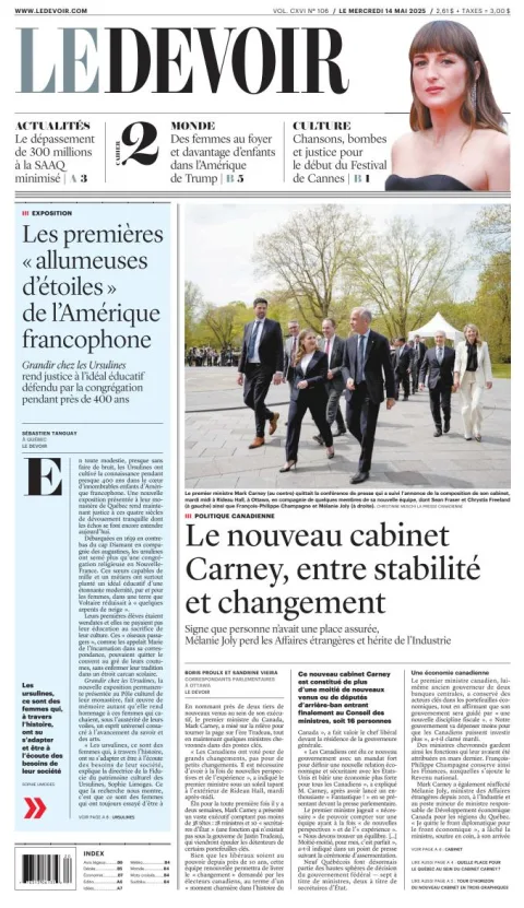 Portada de Le Devoir del miércoles, 14 de mayo de 2025