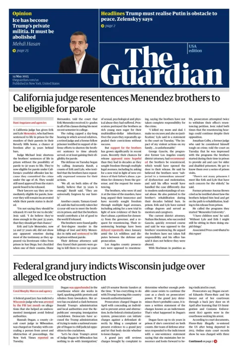 Portada de The Guardian (usa) del miércoles, 14 de mayo de 2025