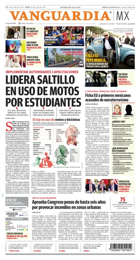 Portada de Vanguardia del miércoles, 14 de mayo de 2025