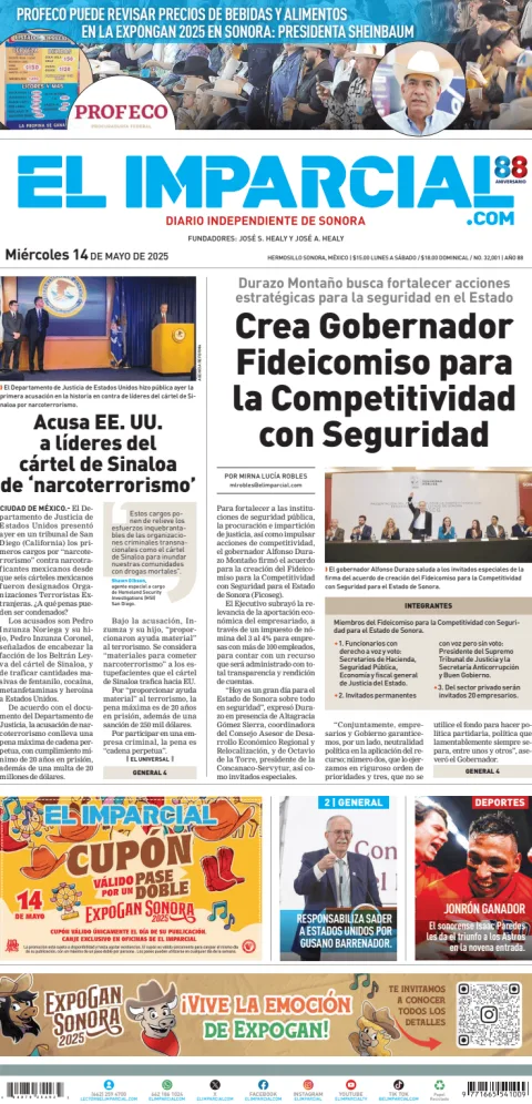Portada de El Imparcial del miércoles, 14 de mayo de 2025
